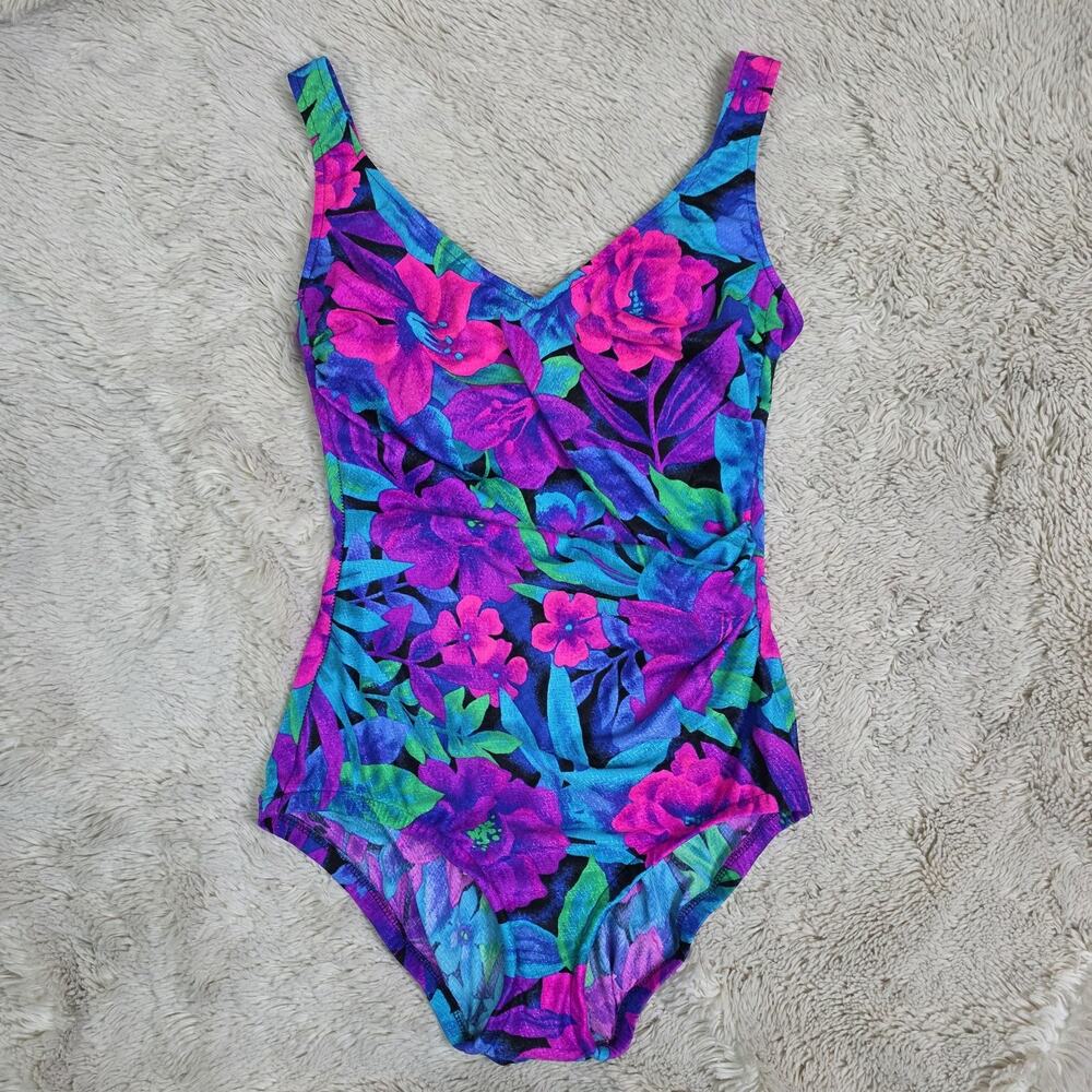 Vintage Gabar Swimsuit Womens 12 Purple Floral One Piece Made in USA Neon